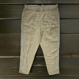 Anthropologie Linen Striped Pant Floral Embroidered Yellow Cream Pull On Sm
